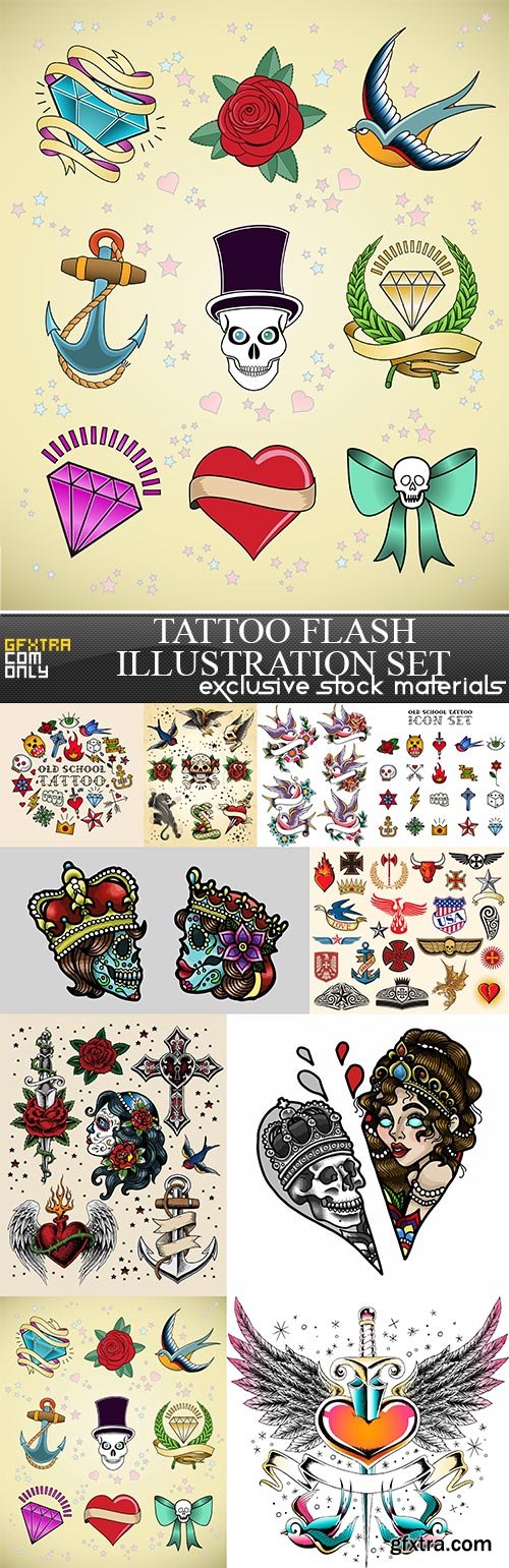 Tattoo Flash Illustration Set, 10 x EPS