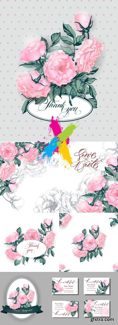 Cards with Pink Flowers Vector 2