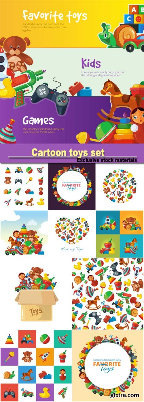 Cartoon toys set for web banners with place for your text