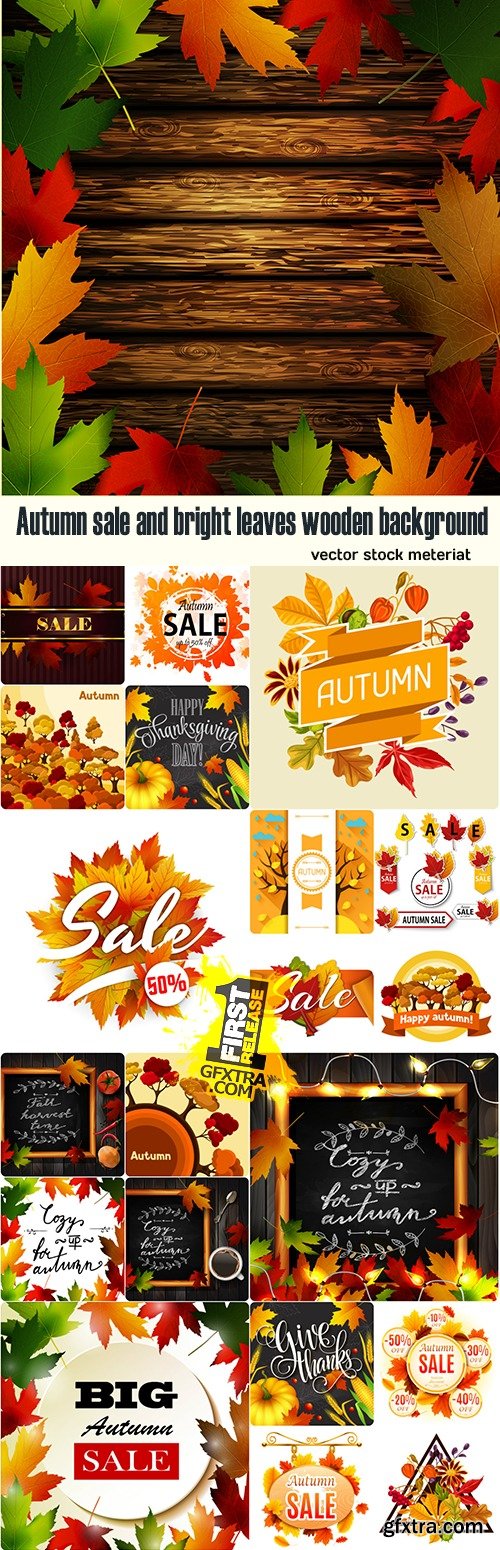 Autumn sale and bright leaves wooden background