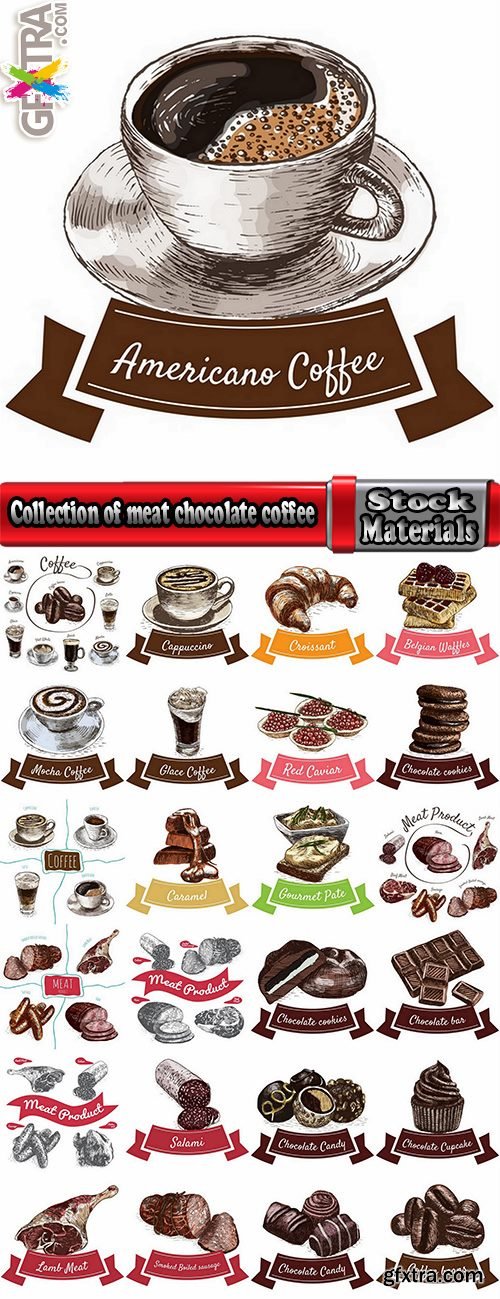Collection of meat chocolate coffee drink cocktail drawn vector illustration picture 25 EPS