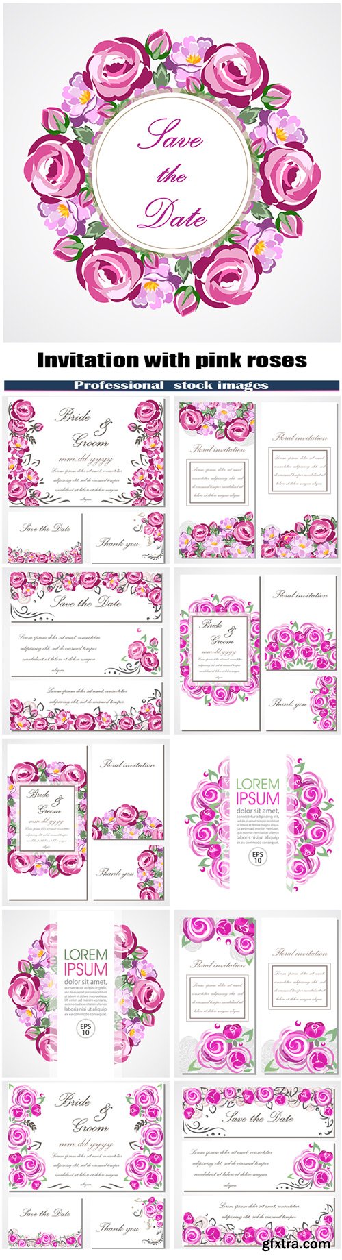 Vector invitation card with pink roses for wedding
