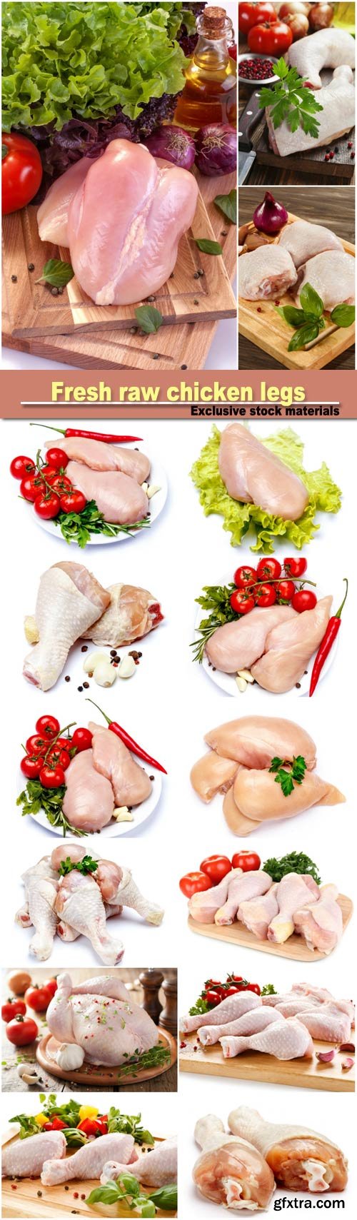 Raw chicken breast fillets, fresh raw chicken legs on the cutting board