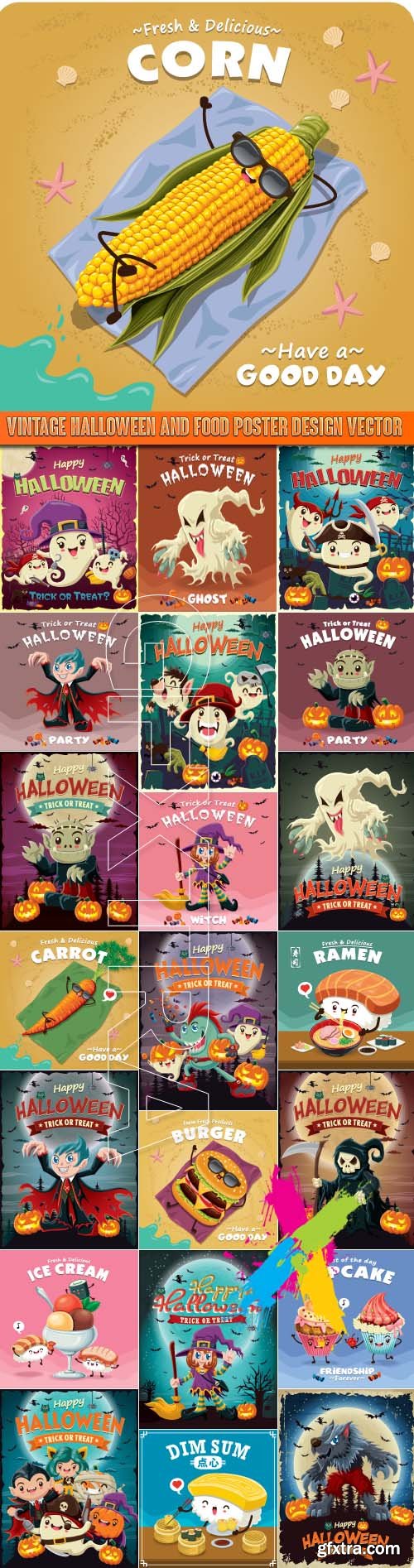 Vintage Halloween and food poster design vector