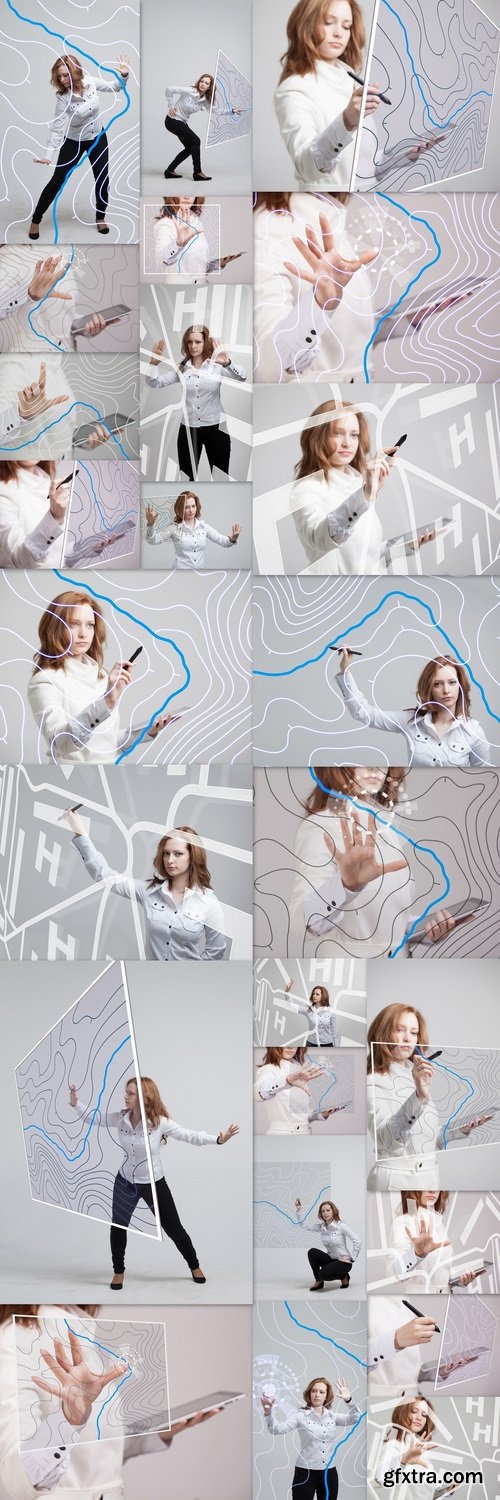 Geographic information systems concept, woman scientist working with futuristic GIS interface on a transparent screen