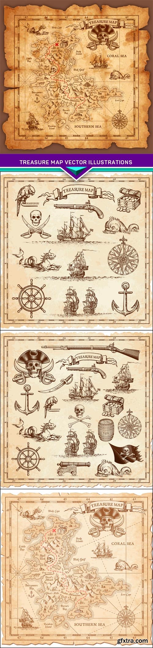 Treasure Map Vector Illustrations 4xEPS