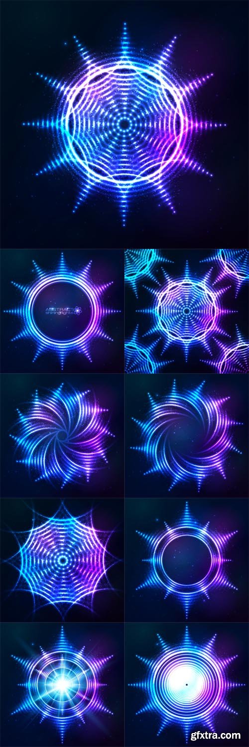 Vector Set - Bright Shining Blue Neon Circle at Dark Cosmic Background