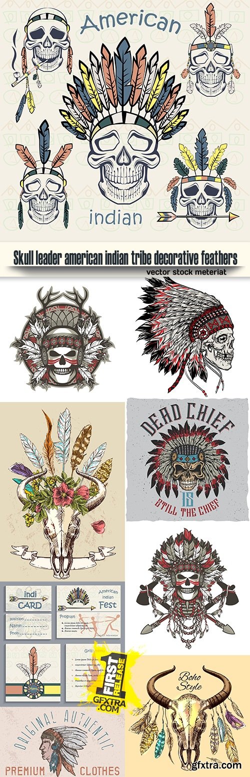 Skull leader american indian tribe decorative feathers