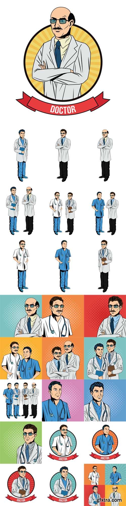 Vector Set - Doctor cartoon with uniform. Medical care pop art comic and retro theme
