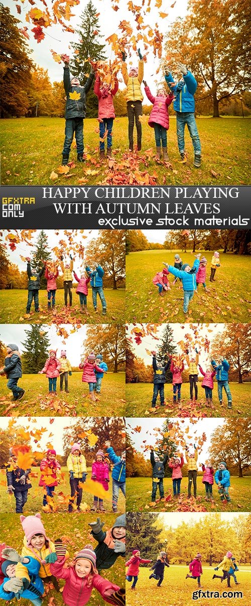 Happy children playing with autumn leaves, 8 x UHQ JPEG