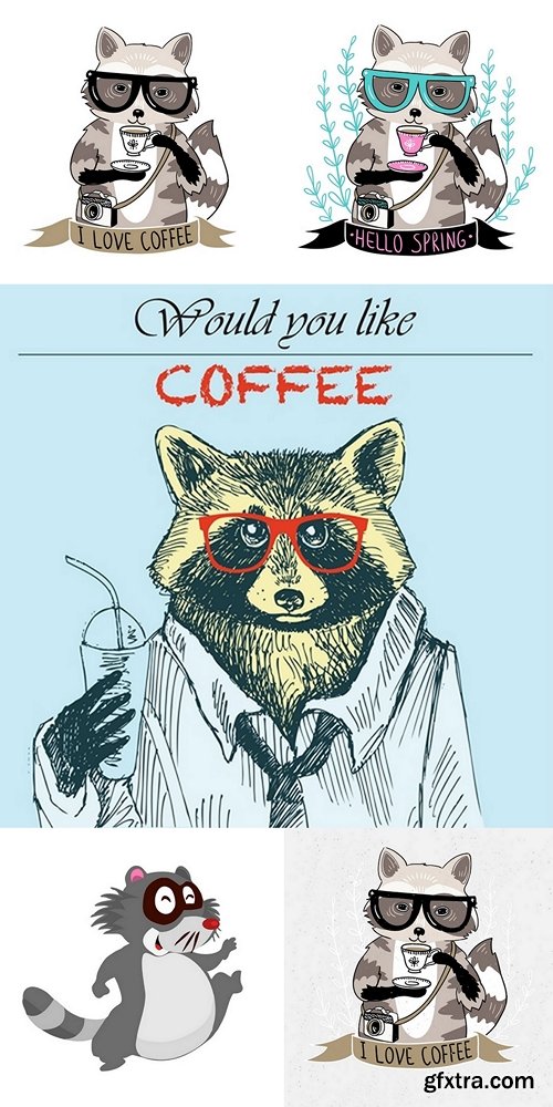 Hipster raccoon vector illustration. Raccoon with coffee and glasses. Hipster animals