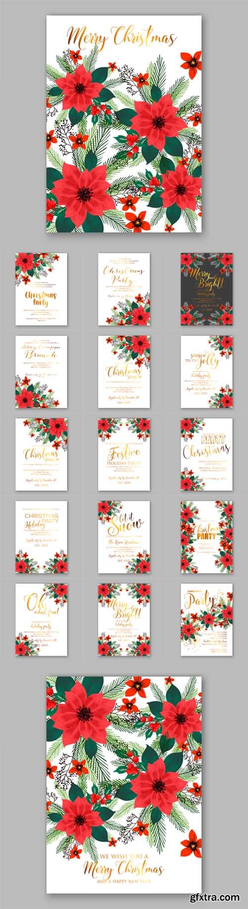 Vector Set - Merry Christmas Party Invitations with Winter Wreath