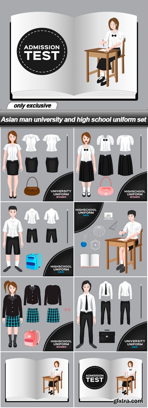 Asian man university and high school uniform set - 8 EPS