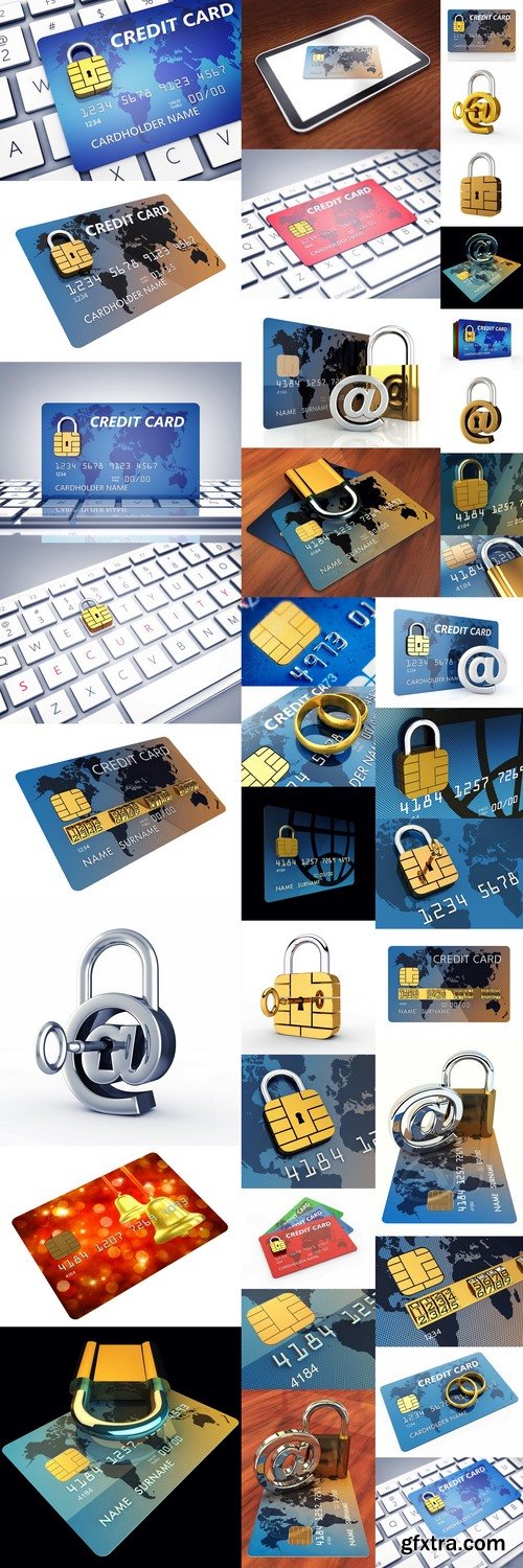 Credit cards with padlock chip isolated on white