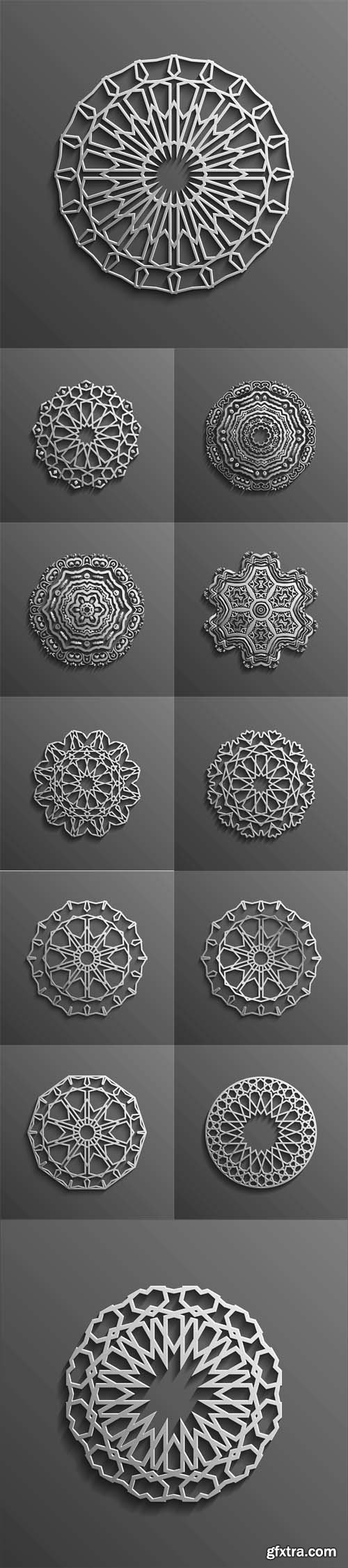 Vector Set - Islamic 3d on dark mandala round ornament background architectural muslim texture design