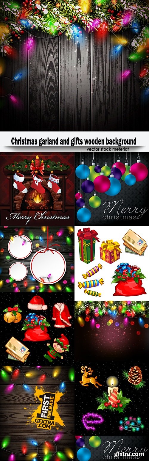 Christmas garland and gifts wooden background