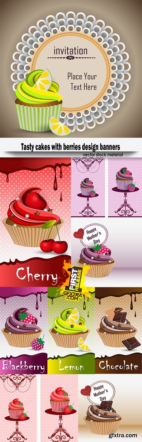 Tasty cakes with berries design banners