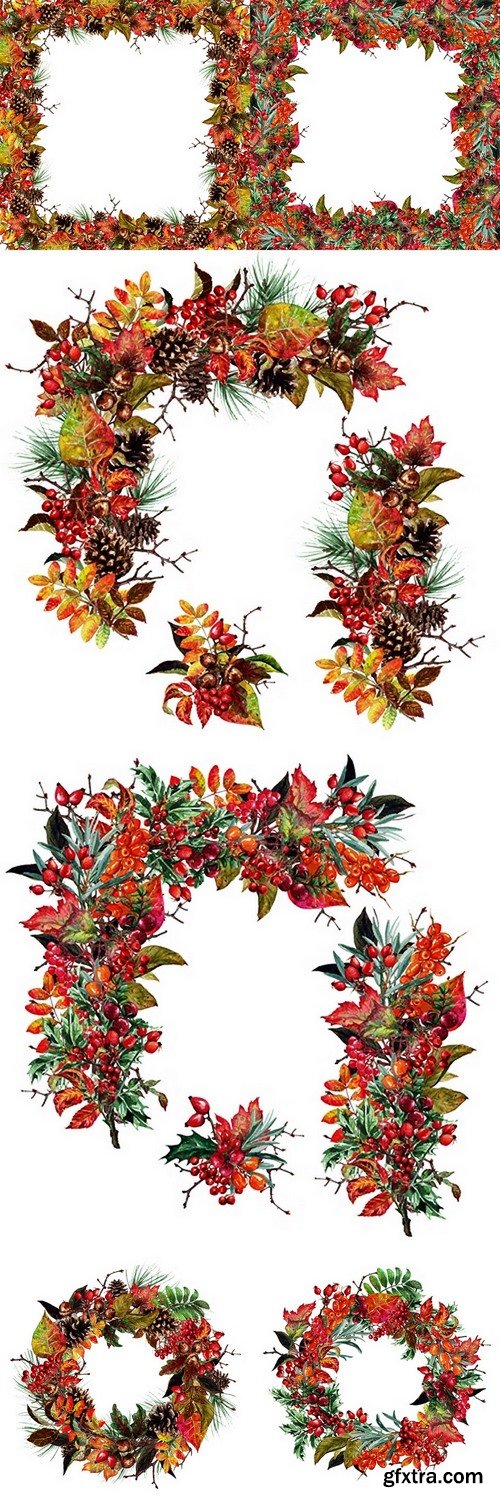 Autumn Decor and Design Elements, Watercolor Illustration