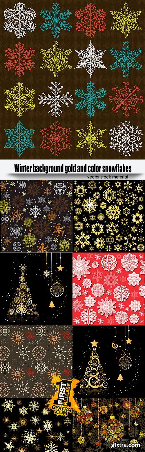 Winter background gold and color snowflakes