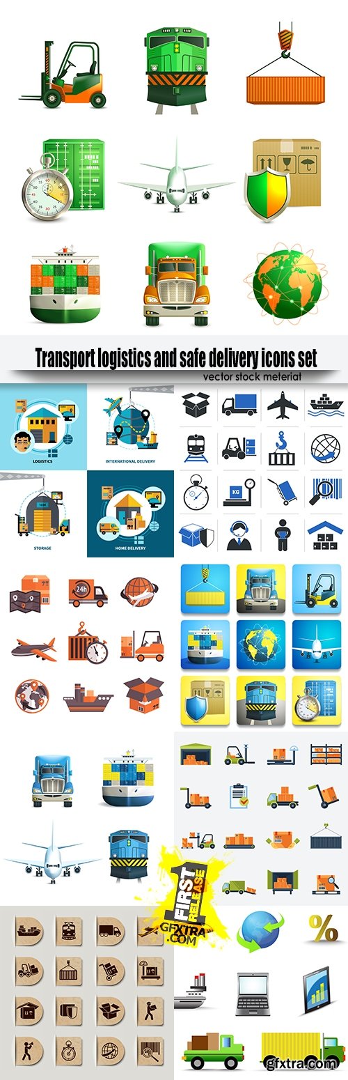 Transport logistics and safe delivery icons set