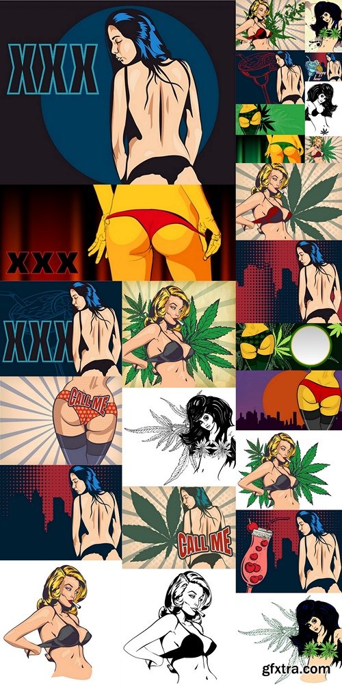 Hot girl back undressing vector pic with cannabis leaf 2