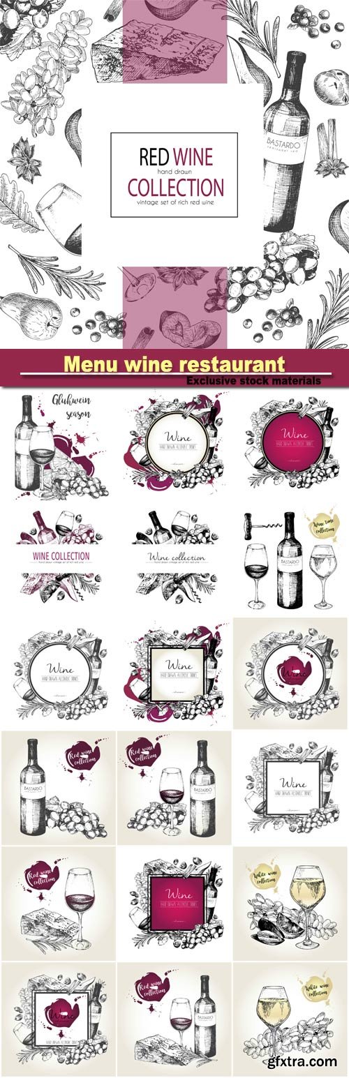 Menu wine restaurant, grape, cheeze, rosemary, spices, botte and wineglass, vector hand drawn illustration
