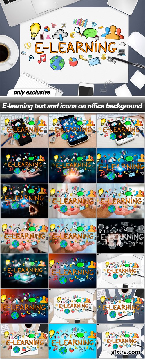 E-learning text and icons on office background - 21 UHQ JPEG