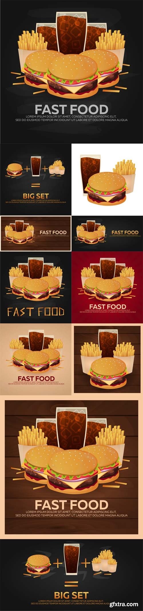 Vector Set - Lunch with French Fries Burger and Soda Takeaway on Isolated Background