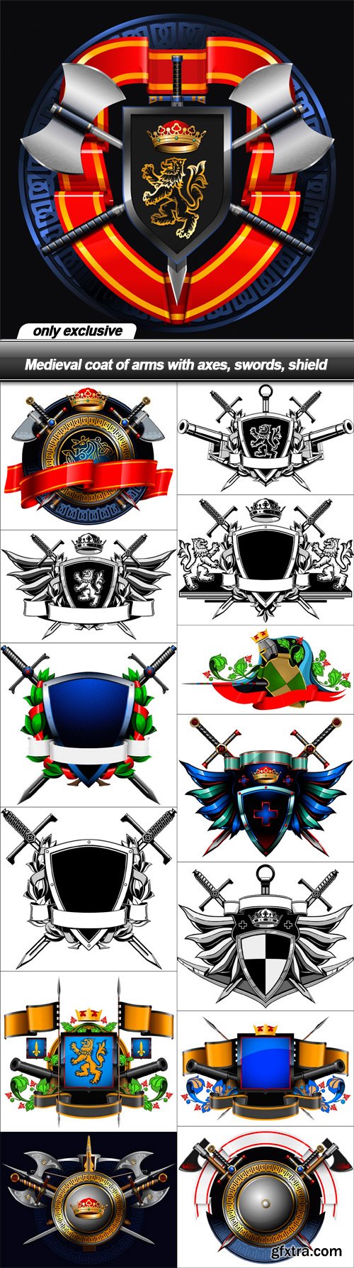 Medieval coat of arms with axes, swords, shield - 14 EPS