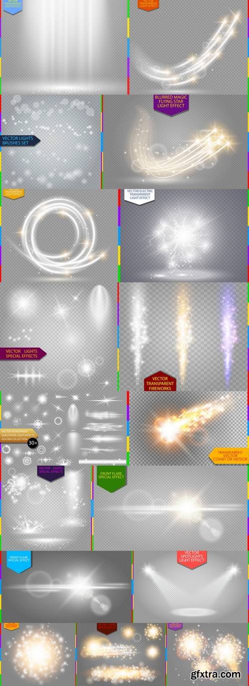 Glow Isolated white Transparent Light Effect Set, Lens Flare, Explosion, Glitter, Line, Sun Flash, Spark and Stars