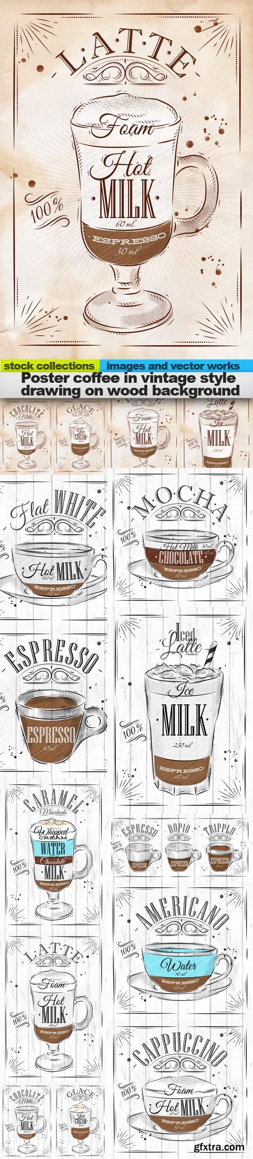 Poster coffee in vintage style drawing on wood background, 15 x EPS