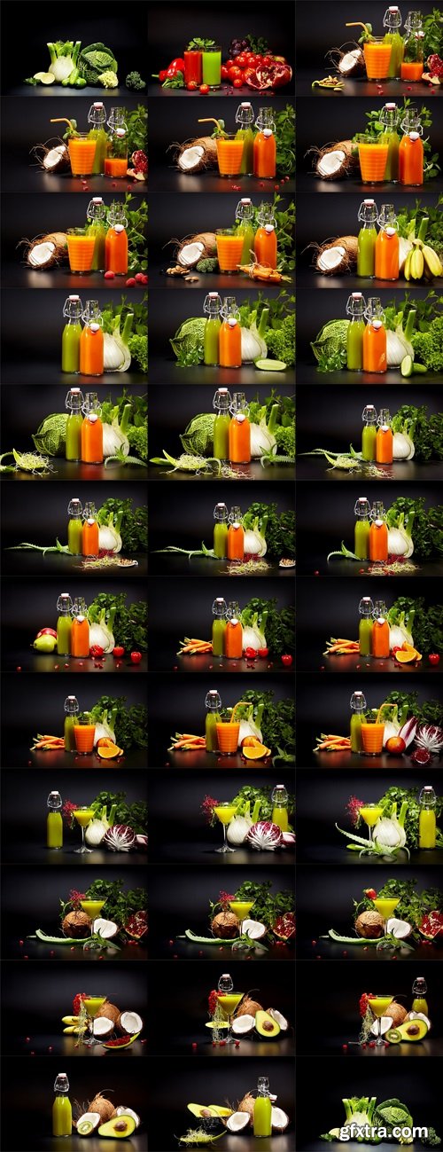 Glasses with fresh vegetable juices isolated on black. Detox 3