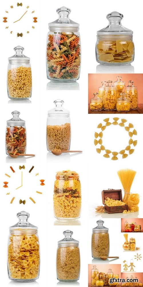 Various shapes pasta in jars, bottle ketchup, tomato on brown