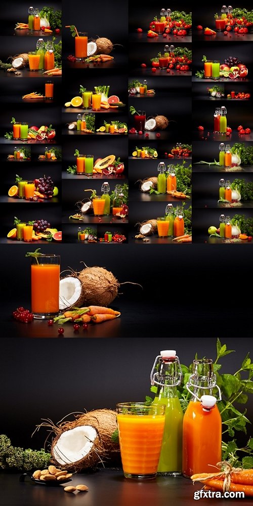 Glasses with fresh vegetable juices isolated on black. Detox 2