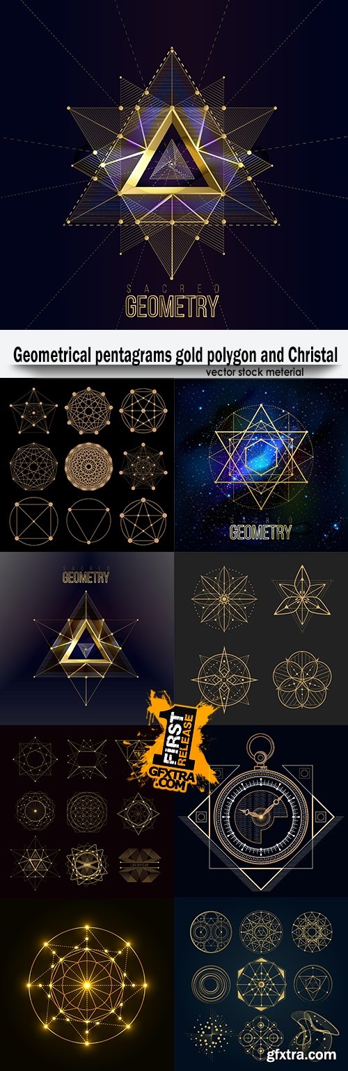 Geometrical pentagrams gold polygon and Christal