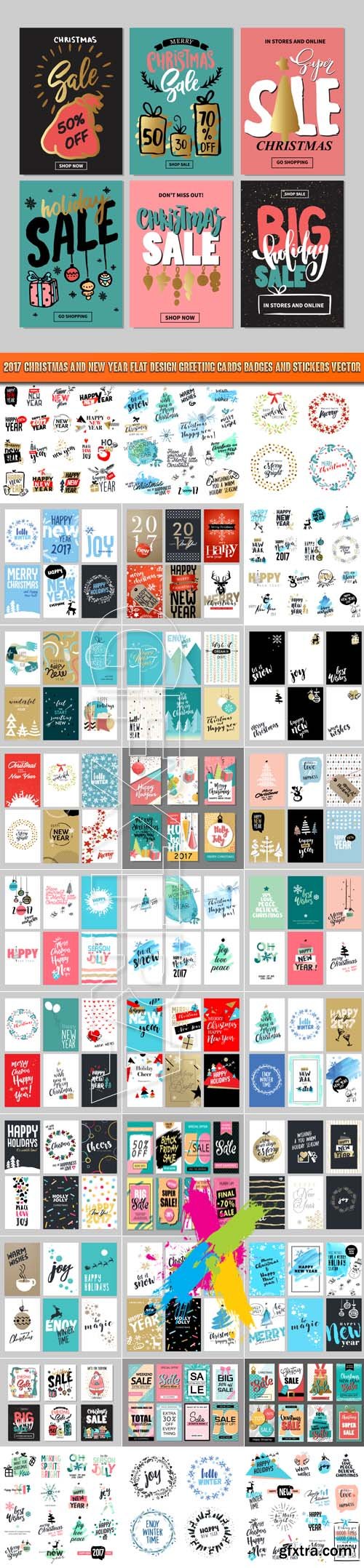 2017 Christmas and New Year flat design greeting cards badges and stickers vector