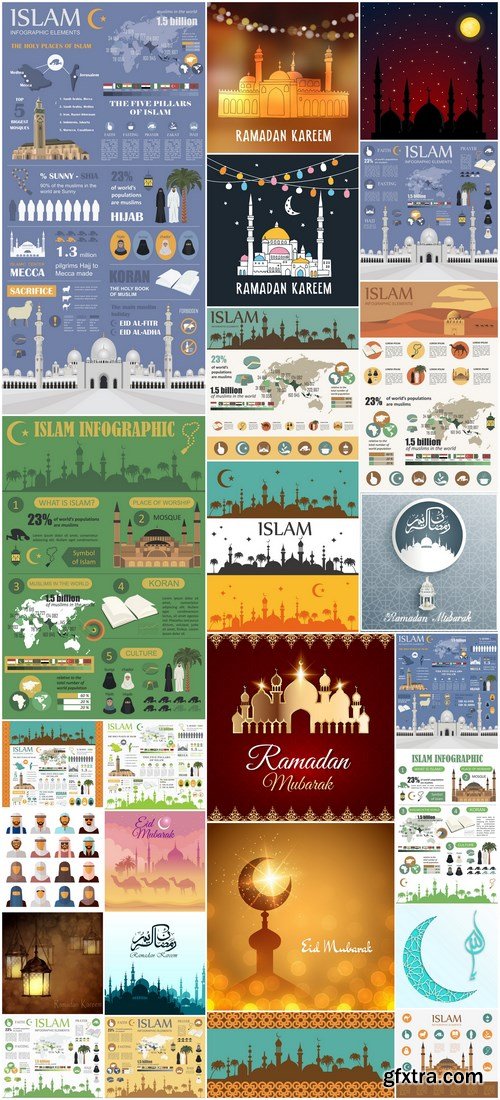 Collection of Islamic backgrounds and elements of infographics - 25xEPS
