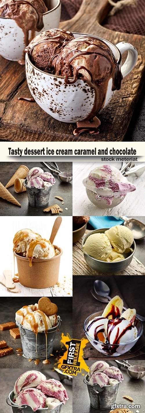 Tasty dessert ice cream caramel and chocolate