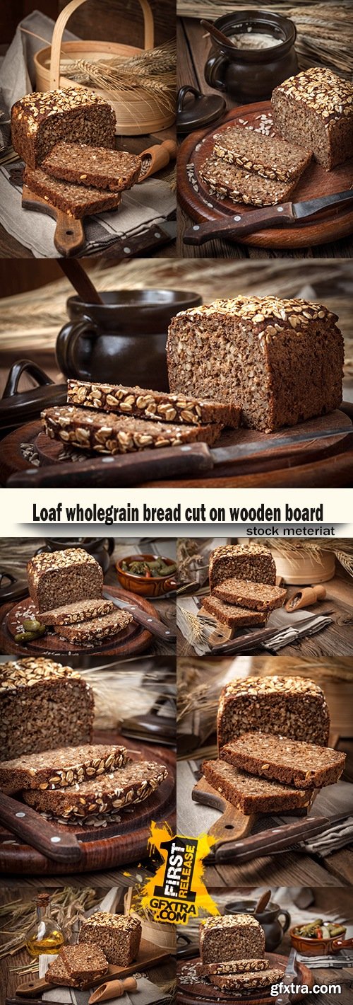 Loaf wholegrain bread cut on wooden board