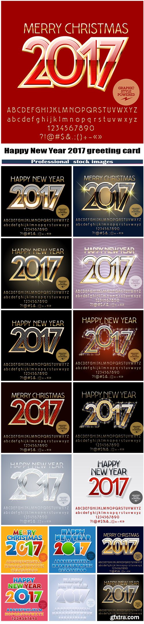 Happy New Year 2017 greeting card with set of letters, symbols and numbers