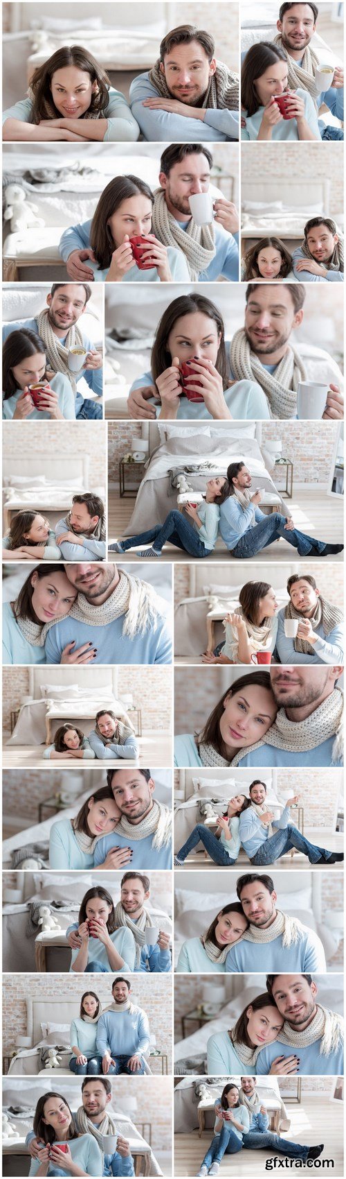 Happy young couple in a cozy bedroom - 20xUHQ JPEG Photo Stock
