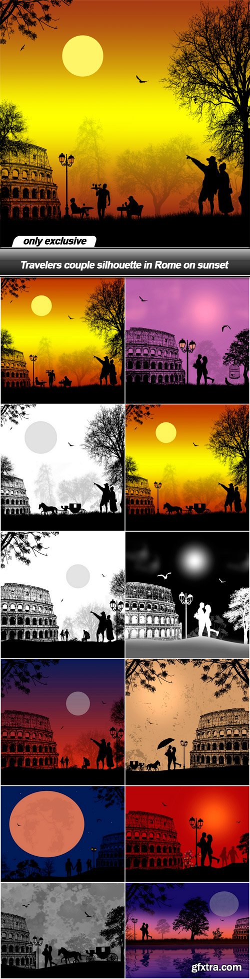 Travelers couple silhouette in Rome on sunset - 12 EPS