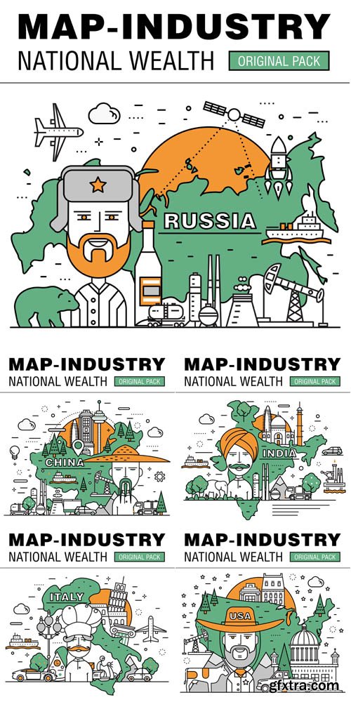 Vector Set - Modern Country Development Flat Industry. Thin Line Map Concept