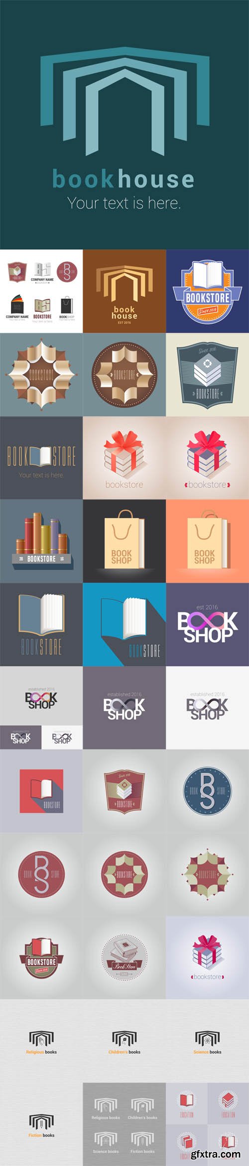 Vector Set - Bookstore, bookshop emblem, sign, symbol, logo, icon