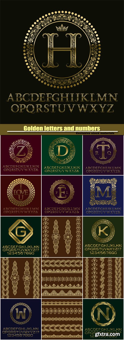 Golden letters and numbers with initial monogram, logo design, english alphabet, gold ornaments and borders