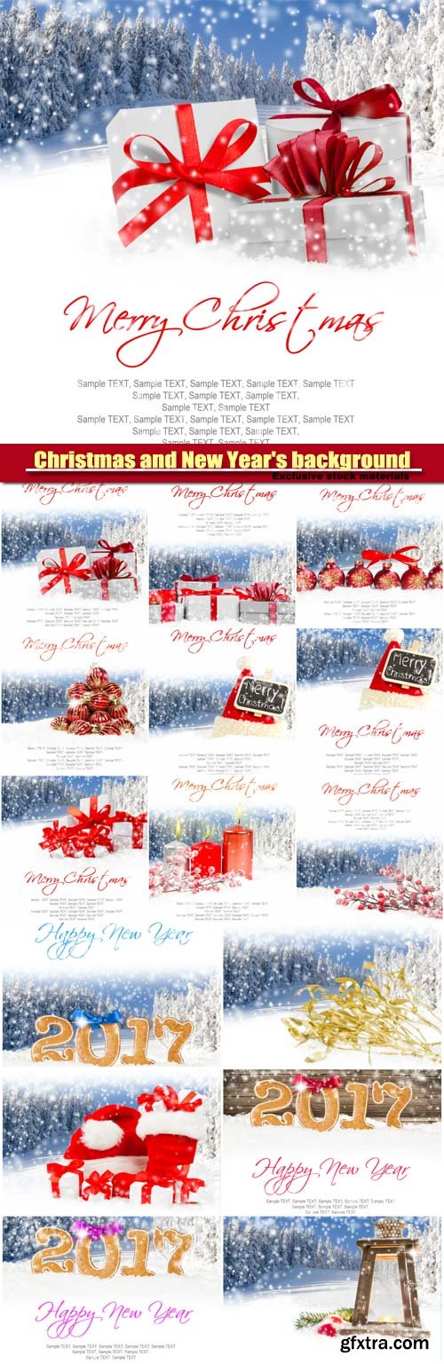 Christmas and New Year\'s background, gifts with colorful ribbons, falling snow