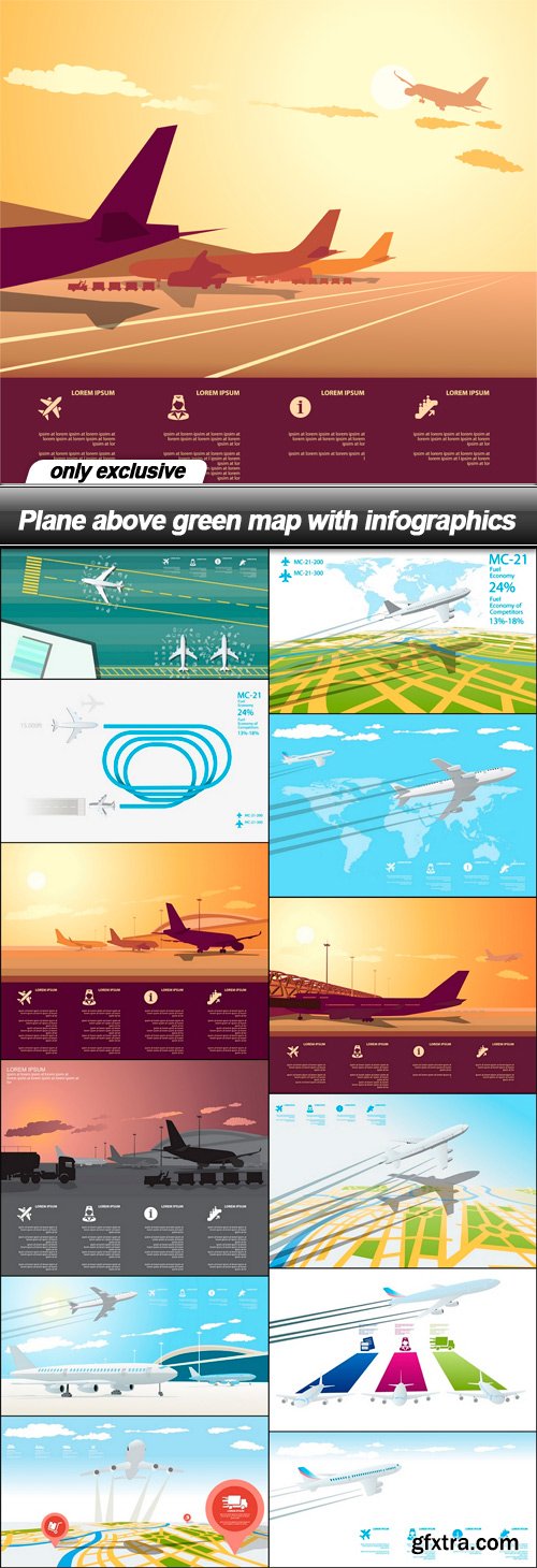 Plane above green map with infographics - 13 EPS