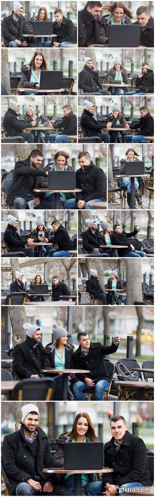 Group of students is sitting in an outdoor cafe and using laptop - 14xUHQ JPEG Photo Stock