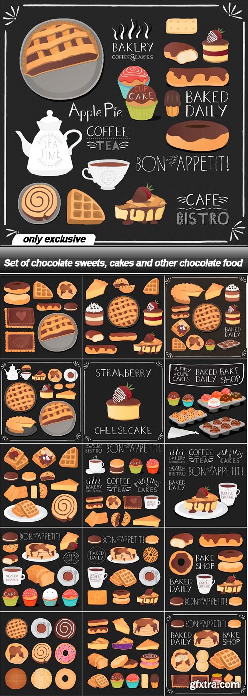 Set of chocolate sweets, cakes and other chocolate food - 16 EPS