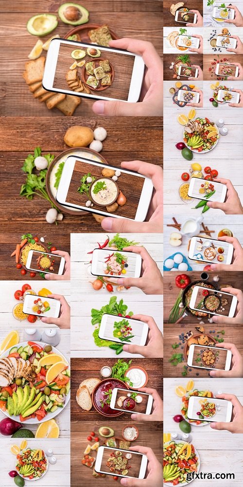 Hands taking photo mediterranean salad with smartphone
